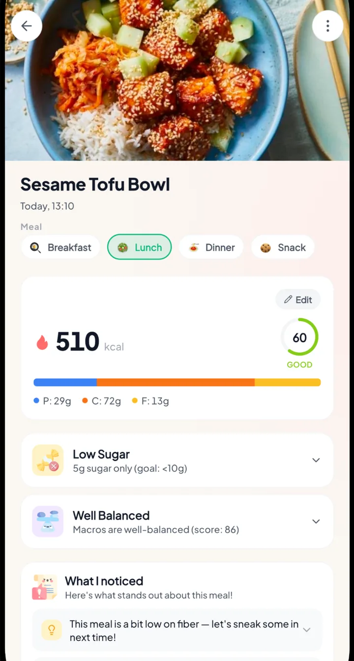 Foodly meal detail screen analyzing a Sesame Tofu Bowl with calories, macros and a quality score