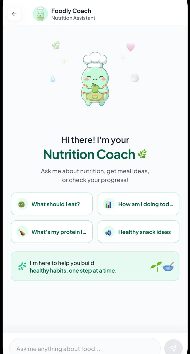 Foodly Nutrition Coach chat home with suggested questions about meals, protein and snacks