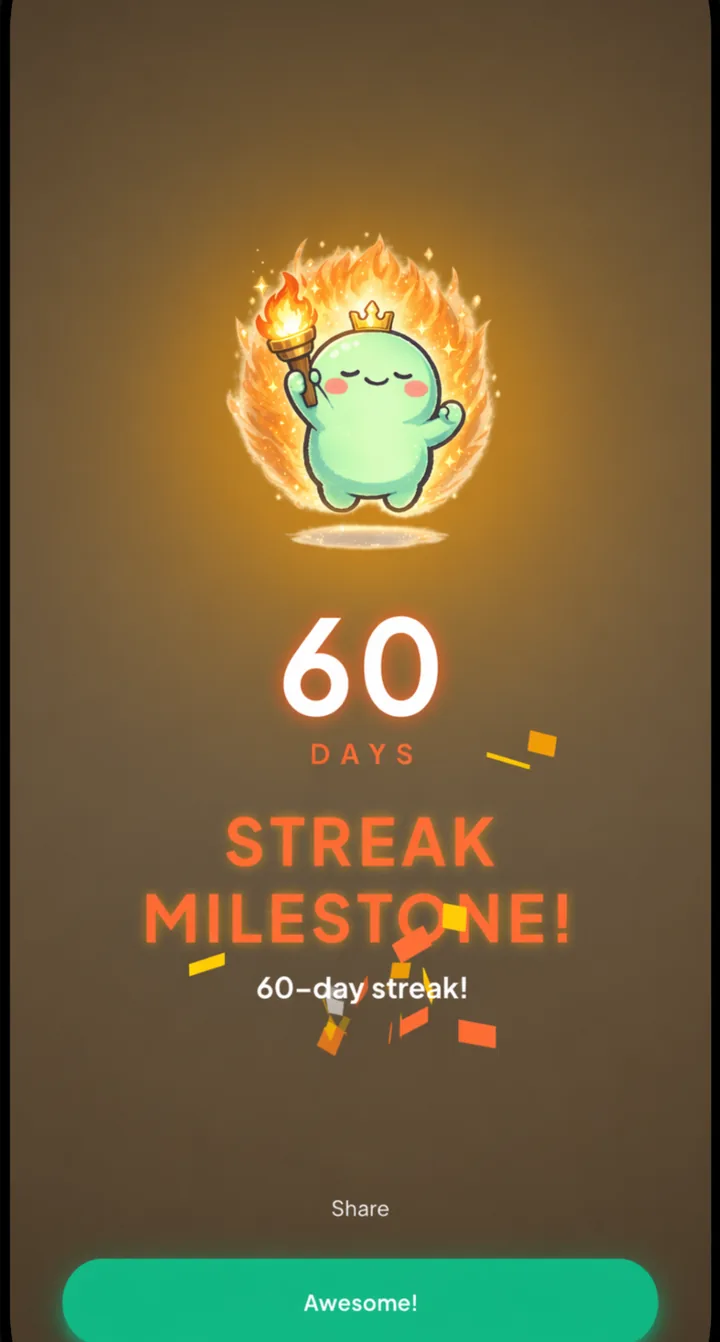 Foodly 60-day streak milestone celebration with the pet on fire